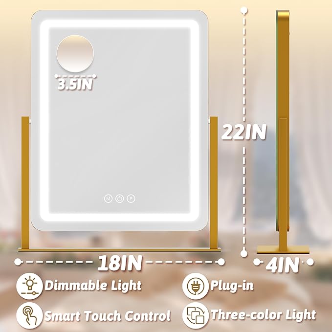 Vanity Mirror with Lights, 18"x22" LED Makeup Mirror with 10X Magnification, Smart Touch 3 Colors Dimmable, Light Up Mirror for Makeup Desk, 360° Rotation, Gold