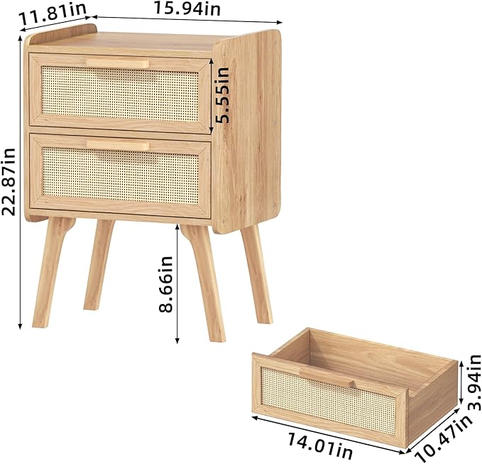 Lerliuo Rattan Nightstands Set of 2, Boho Night Stand with 2 Drawers, Cane Accent Side End Table, Bedside Table with Solid Wood Legs for Bedroom, Dorm and Small Spaces (Natural)