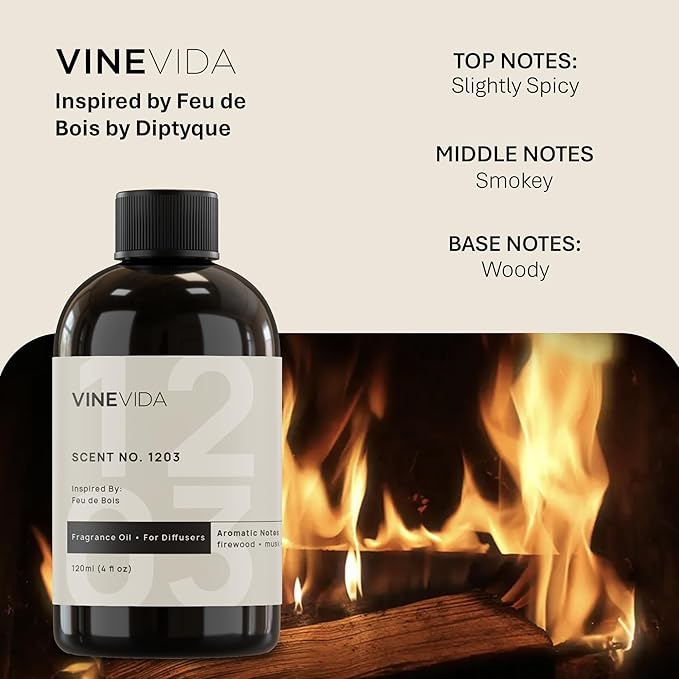 VINEVIDA [4 Fl Oz] Scent NO. 1203 Fragrance Oil for Cold Air Diffusers, Aromatic Notes of Smokey Woody Musk, Essential Oils for Diffuser Oil Refill & Air Freshener Room Spray