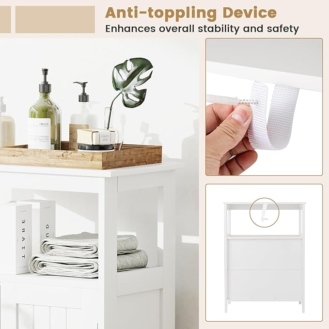 GOFLAME Bathroom Cabinet, Floor Storage Organizer with 2 Doors, 2 Open Shelves, 3-Level Adjustable Shelf, Modern Storage Unit for Laundry Room, Entryway, Living Room, White