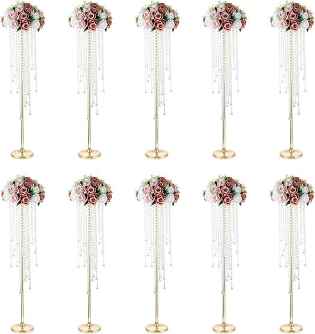 NUPTIO Gold Vases for Centerpieces Wedding - 10 Pcs 39.4in Tall Vase Chandelier Centerpiece for Tables - Flower Stand Bulk for Weddings