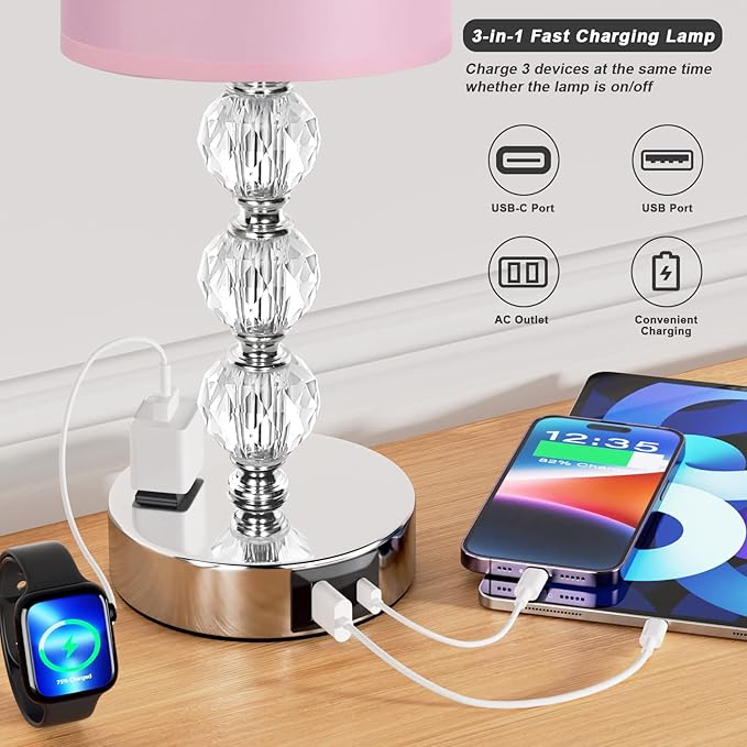 Pink Touch Bedside Lamps for Bedrooms - Crystal Table Lamp with USB C+A Charging Port and AC Outlet Nightstand, 3 Way Dimmable Silver Small End Side Table Lamp for Living/Guest/Dinning Room/Kitchen