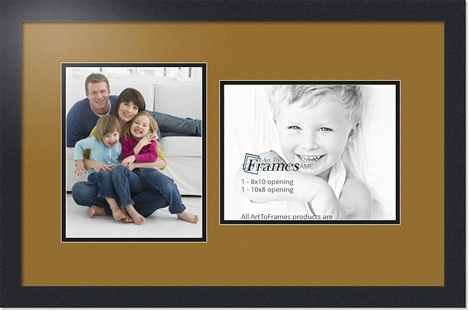 ArtToFrames Collage Photo Frame Double Mat with 2-8x10 Openings with Satin Black Frame and El Dorado mat.