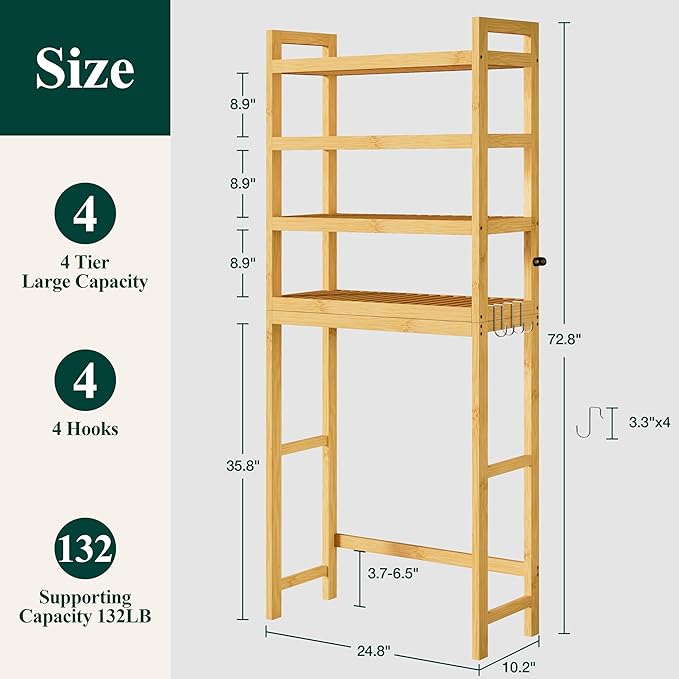Smiry Over The Toilet Storage Cabinet, 4-Tier Bamboo Bathroom Organizers with Adjustable Shelf & 4 Hooks, Space Saving Shelf Rack for Bathrooms, Laundry Room, Balcony, Natural