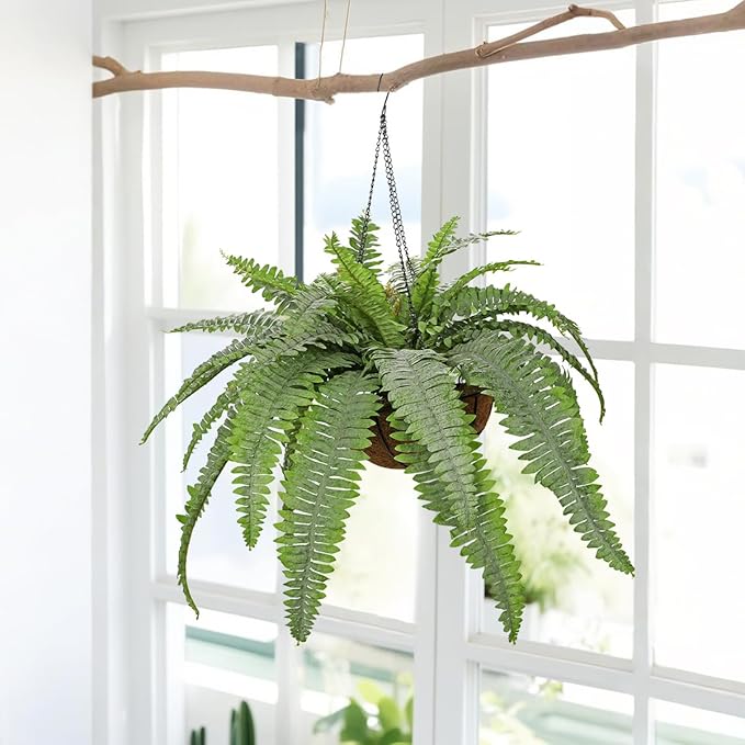 Fake Hanging Plants Large Boston Fern Artificial Plants Outdoor Realistic Fake Ferns with Palm Basket Silk Plants Ferns Hanging Plant Artificial Decor for Home Front Porch Window Garden - Dusty Green