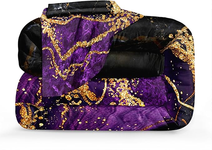 Black Gold Comforter Set Purple Marble Bedding Set Queen Size Black Marble Stone Abstract Artwork Bedroom Decor Black Marble Comforter Sets for All Season