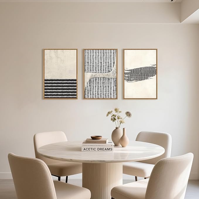 Large Abstract Black and Beige Framed Canvas Wall Art,Minimalist Dots Lines Wall Decor,Modern Geometric Shapes Artwork,Cozy Neutral Art Print for Living Room,Bedroom,Office,Home-24"x36"x3