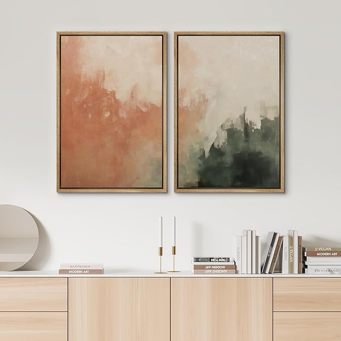 SIGNWIN Framed Canvas Print Wall Art Set Color Fade Abstract Landscape Earthy Terracotta and Forest Green Illustrations Modern Minimal Decorative for Living Room, Bedroom, Office - 24"x36"x2 Natural