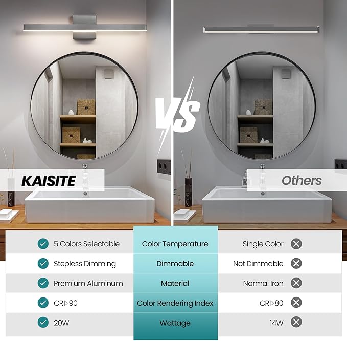 KAISITE 모던 욕실 조명 - 브러시드 니켈 화장대 조명 기구 오버 미러, 61cm(24인치) 조도 조절 가능한 5CCT LED 바 조명