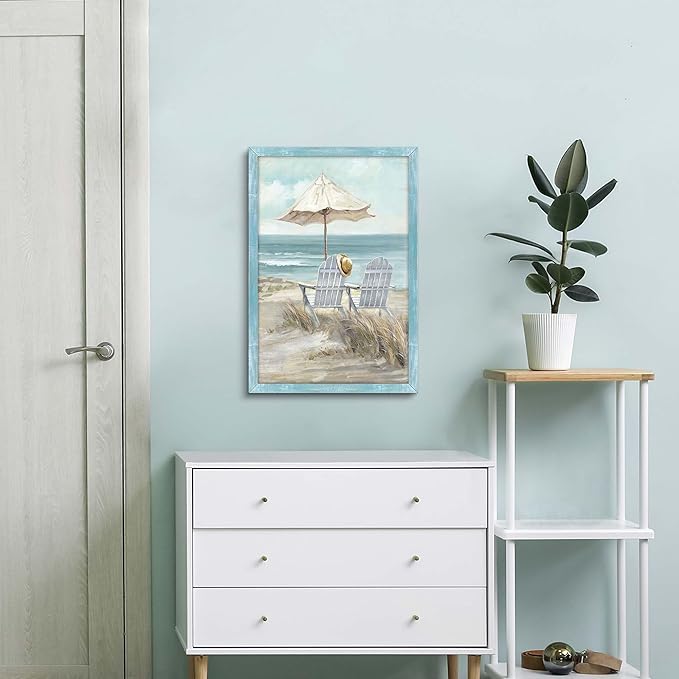 Abstract Coastal Framed Wall Art - Beach Chair Picture Modern Ocean Painting Prints Calming Seascape Wooden Artwork Decor for Bathroom