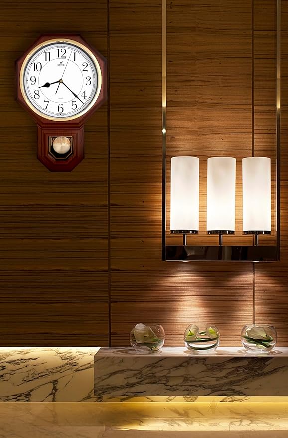 JUSTIME Traditional Schoolhouse Easy to Read Regulator Wall Clock, Chiming Wall Clocks with Pendulum & Westminster Chime Hourly, Schoolhouse Wall Decor Battery Operated (Dark Wood Grain)