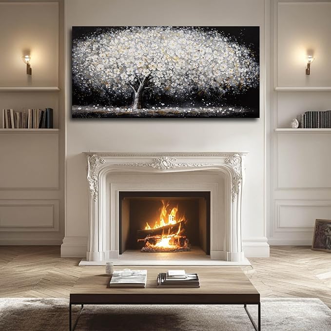 NBAODAN Large Modern Artwork Black and White Tree Picture Wall Decor Canvas Wall Art for Living Room Dining Room Kitchen Bedroom 29"x58" White Floral With Gold Decorations