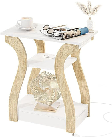 End Table with Charging Station, Side Table with USB Ports and Outlets, Nightstand, 3 Tier End Table with Storage Shelf for Living Room, Bedroom (White)