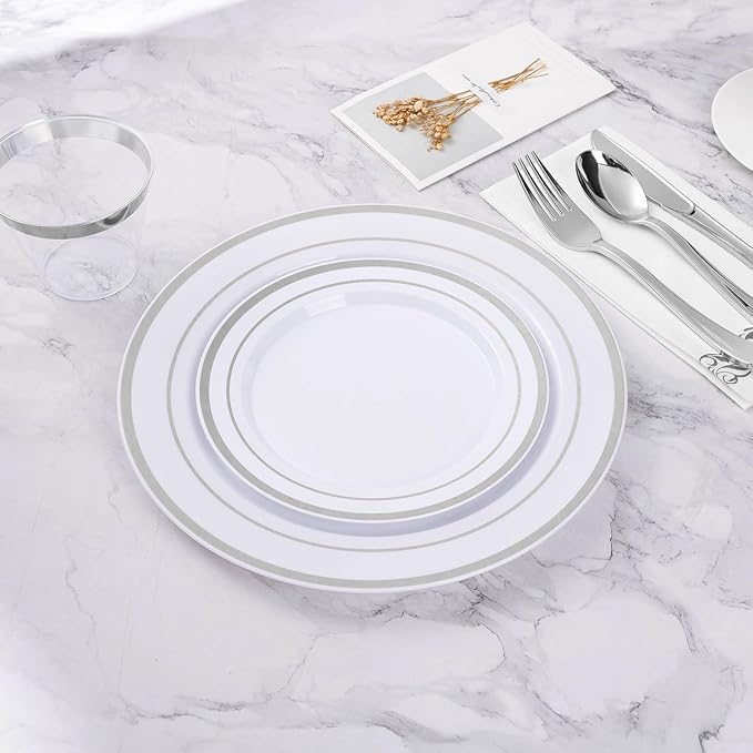 100PCS Silver Plastic Plates, Disposable Party Plates with 50 Dinner Plate and 50 Dessert Plate for Party, Wedding and Birthday