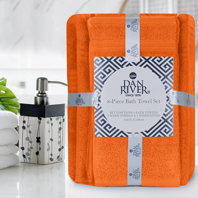 DAN RIVER 8 PC Luxury Bath Towels for Bathroom, 2 Bath, 2 Hand, and 4 Wash Cloths, 600 GSM 100% Ring Spun Cotton Towel Set, Highly Absorbent, Gym, Hotel, and Spa, Orange