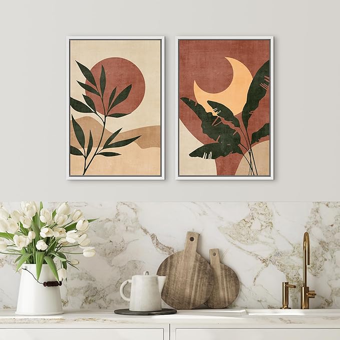 SIGNFORD Framed Canvas Print Wall Art Set Sun & Moon Mid-Century Desert Plants Abstract Shapes Illustration Modern Art Decorative Nordic Nature for Living Room, Bedroom, Office - 16"x24"x2 White