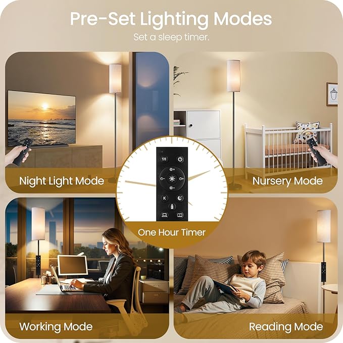 Dimmable Floor Lamp for Living Room with Remote and Foot Switch, Corner Floor Lamp, 66" Standing Tall Lamp, 10W 900LM LED Bulb Included, 3000K-6500K, Linen Shade, Weighted, FCC Listed W06LD05W1