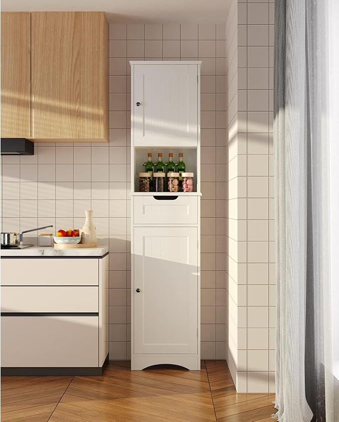 Gizoon 67" H Tall Bathroom Cabinet, Storage Cabinet with 2 Doors & Drawer, Narrow Linen Tower Freestanding Adjustable Shelves for Home, Kitchen, Versatile, Anti-Tipping, White