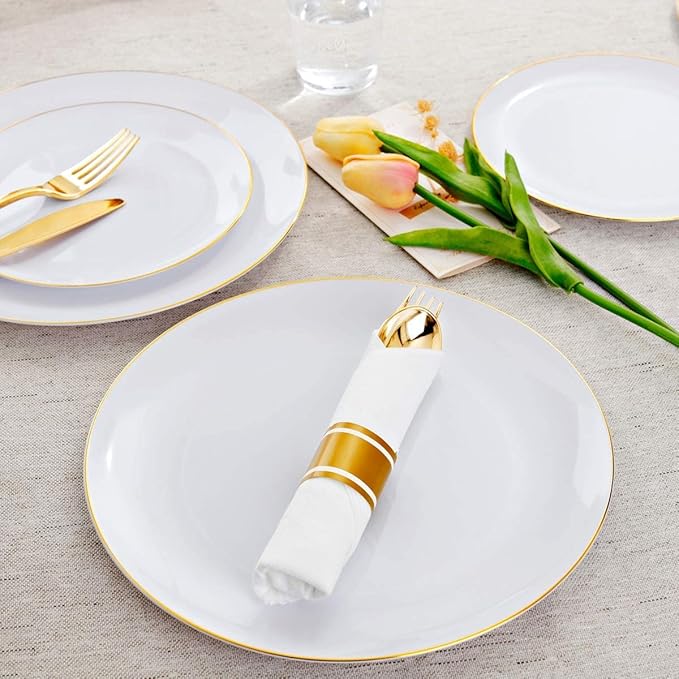 Supernal 350pcs Gold Disposable Dinnerware Set,Pre Rolled Plastic Silverware,Include 50 Gold Plates and 50 Dessert Plates, 50 Silverware with Paper Napkins,50 Disposable Cups