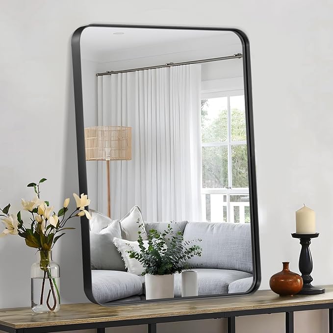 22x30 Inch Black Bathroom Mirror, Brushed Metal Framed Rectangle Mirror with Rounded Corner, Black Bathroom Vanity Mirror for Bedroom or Living Room, Horizontal/Vertical