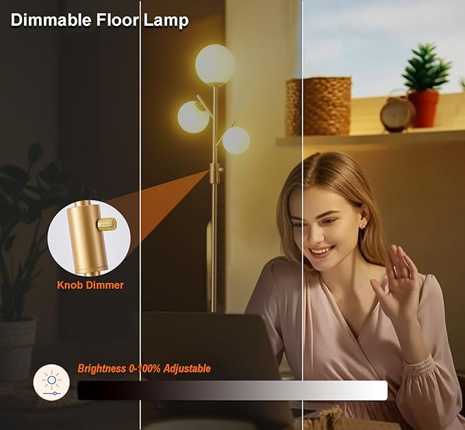 Fiqevs Upgraded Dimmable Globe Floor Lamp for Living Room, Mid Century Modern Gold Tree Floor Lamps with LED Bulbs, Elegant Standing Lamp for Bedroom Office Dining Room