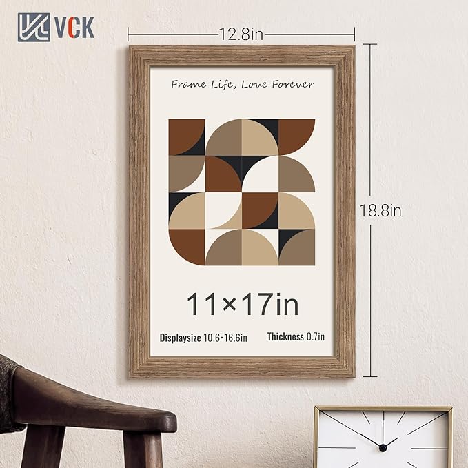 VCK 11x17 Picture Frame Set of 5 - Brown Walnut, Natural Textured Solid Wood Picture Poster Frame, Wall Gallery Frame