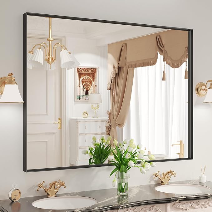 LOAAO Black Bathroom Mirror 48"X32" for Wall, Rectangle Bathroom Vanity Mirror, Tempered Glass, Hangs Vertically or Horizontally, Easy to Install, Modern Design