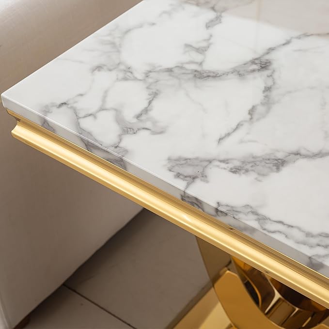 SSLine Modern White Faux Marble End Table Luxury Square Sofa Side Table with Gold U-Shape Base Mid-Century Elegant Bedside Table w/Mirrored Stainless Steel Frame for Living Room Bedroom