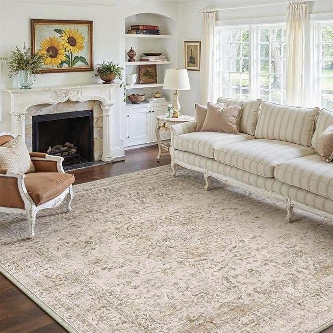 10x14 Beige Vintage Area Rug for Living Room Bedroom Large Traditional Low Pile Soft Carpet Non-Slip Thin Retro Distressed Accent Washable Throw Rug for Dining Room Office Kitchen Indoor