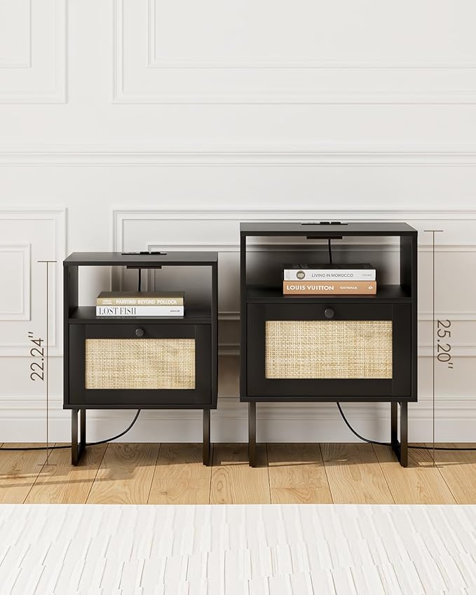 Rattan Nightstand with Charging Station, Mid Century Modern Night Stand,Boho Farmhouse Wood Bedside Table with Storage and Open Shelf, End Side Accent Table for Bedroom,Living Room,Black