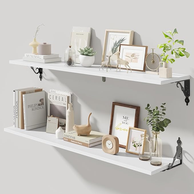 Fun Memories 40 Inch Floating Shelves Wall Mounted, 8 Inch Deep Wall Shelves with Bracket, Rustic Hanging Bookshelf, 40" Bookshelves for for Living Room, Kitchen and Bedroom, White, Set of 2