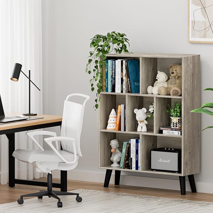LEYAOYAO 7 Cube Bookshelf, 3 Tier Modern Bookcase with Legs, Mid-Century Modern Wood Book Shelves Storage, Retro Grey Book Case, Freestanding Organizer Display Shelf for Bedroom,Living Room,Office