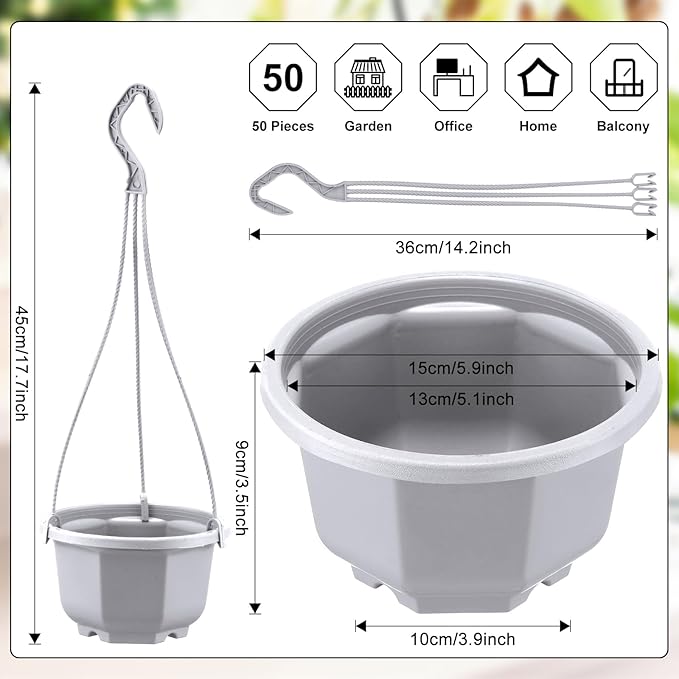 Roshtia 50 Pcs Plastic Hanging Plant Pots with Hooks Flower Pots Baskets Outdoor Hanging Nursery Planter Holder for Home Garden Balcony Porch(Gray White,5.9 inch)