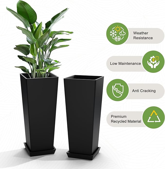 Elevens Set of 2 Tall Outdoor Planters 24 Inch, Large Planters for Indoor Outdoor Plants, Tapered Square Flower Pots with Tray for Patio,Black