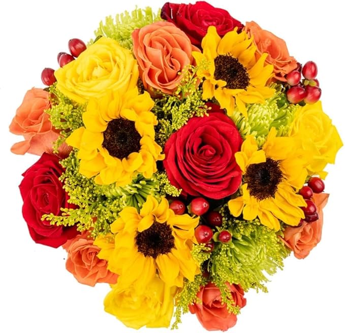 Warm Glow in Opal Vase | Yellow, Orange and Red Fresh Flower Foam Arrangement | Arabella Bouquets | Fresh Flowers for Delivery, Thanksgiving, Birthday, Congratulations