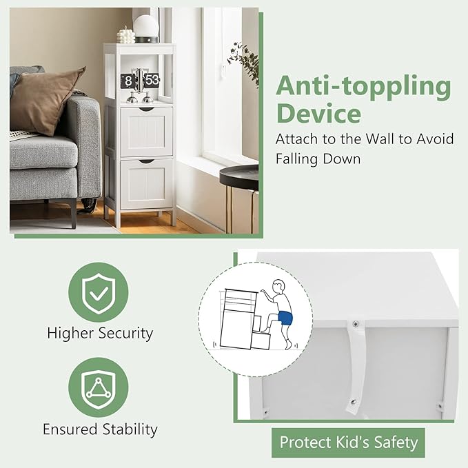 Tangkula Small Bathroom Storage Cabinet with 2 Removable Drawers, Wood Freestanding Floor Cabinet for Bathroom, Anti-Tipping Device, Side Corner Cabinet for Small Spaces (White)