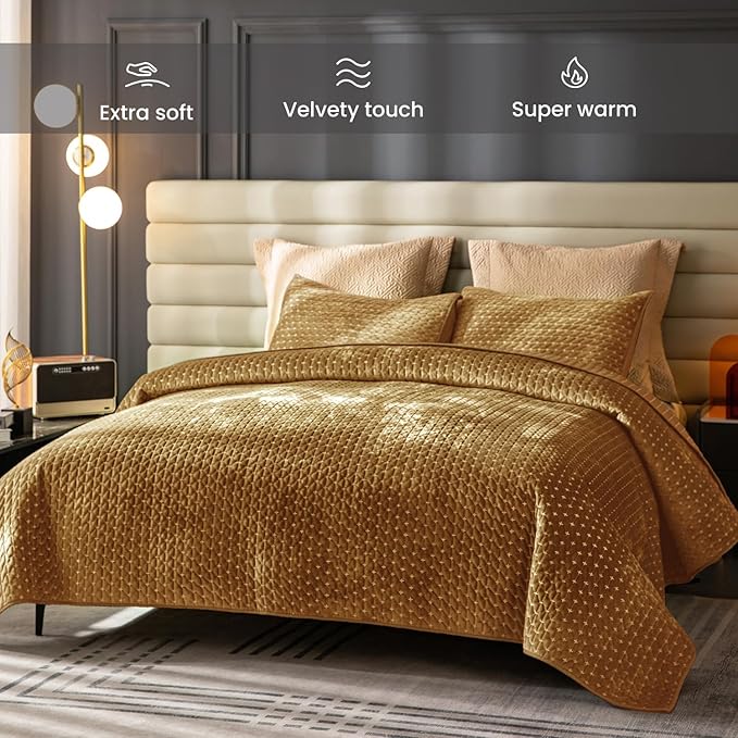 Velvet Quilt Queen Size,Luxurious Cross Stitch Striped Quilted Bedding Set,Oversized Bedspread Coverlet with Brushed Back,Ultra Soft Cozy Warm for All Season,Gold Caramel,Queen