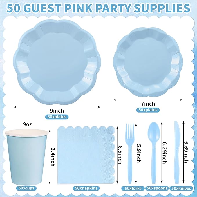 350 Pcs Light Blue Party Supplies Include Scalloped Plate Napkin Cup Forks Knives, Plastic Cutlery 50 Guest Disposable Party Tableware Set for Wedding Baby Shower Bridal Shower Birthday Parties
