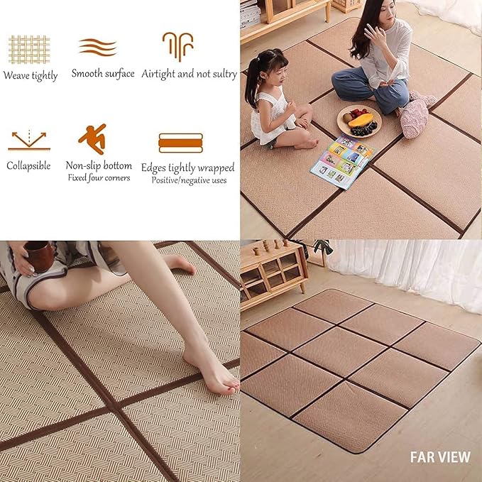 MYOYAY Large Japanese Tatami Mat 71x 71in Large Summer Breathable Sleeping Mat Foldable Rattan Floor Mat Non-Slip Memory Foam Stitching Carpet Crawling Mats Living Room Bedroom Playroom Yoga