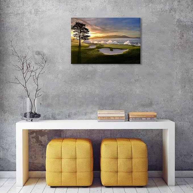 Pebble Beach Canvas Wall Art Picture Pebble Beach Golf Course Wall Decor for Living Room Bedroom Bathroom Home Decorations Golf Course Poster Picture Framed Artwork Ready to Hang(28''H x 44''W)