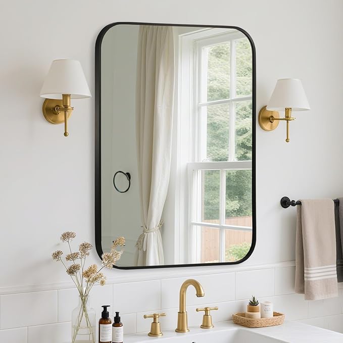 FARMER 20x28 Inch Black Bathroom Mirror, Rectangle Vanity Mirror, Brushed Mirrors for Wall, Metal Frame Hanging Mirror with Round Corner for Bedrooms, Entryways, Living Rooms, Horizontal/Vertical