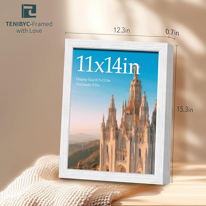 11x14 White Picture Frame - 4 Pack, HD Tempered Glass, Elegant Wood Grain, Classic 11 x 14 Photo Frame, Wall Hanging - Bedroom Decoration