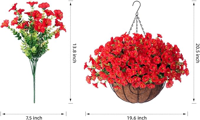Artificial Fake Hanging Flowers Plants Baskets for Outdoor Decoration, Faux Silk Red Morning Glory in Planter Look Real UV Resistant Artificial Flower for Outside Porch Patio Garden Yard Home Decor