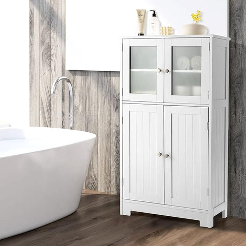 GOFLAME Bathroom Storage Cabinet, Freestanding Storage Cabinet with 4 Doors, Wooden Kitchen Cupboard with Adjustable Shelf, Buffet Sideboard, Multipurpose Home Organizer for Bathroom, Kitchen, White