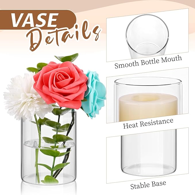 6 Pack Glass Cylinder Vases 10 Inch Tall Clear Flower Vase Bulk Glass Vases Hurricane Floating Candle Holder for Table Centerpiece Party Wedding Home Decor