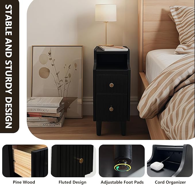 Narrow Nightstand with 2 Drawers, Fully Assembled Slim Bedside Table, Pre-Assembled Slim Nightstand for Small Spaces, Living Room, Bedroom, Black