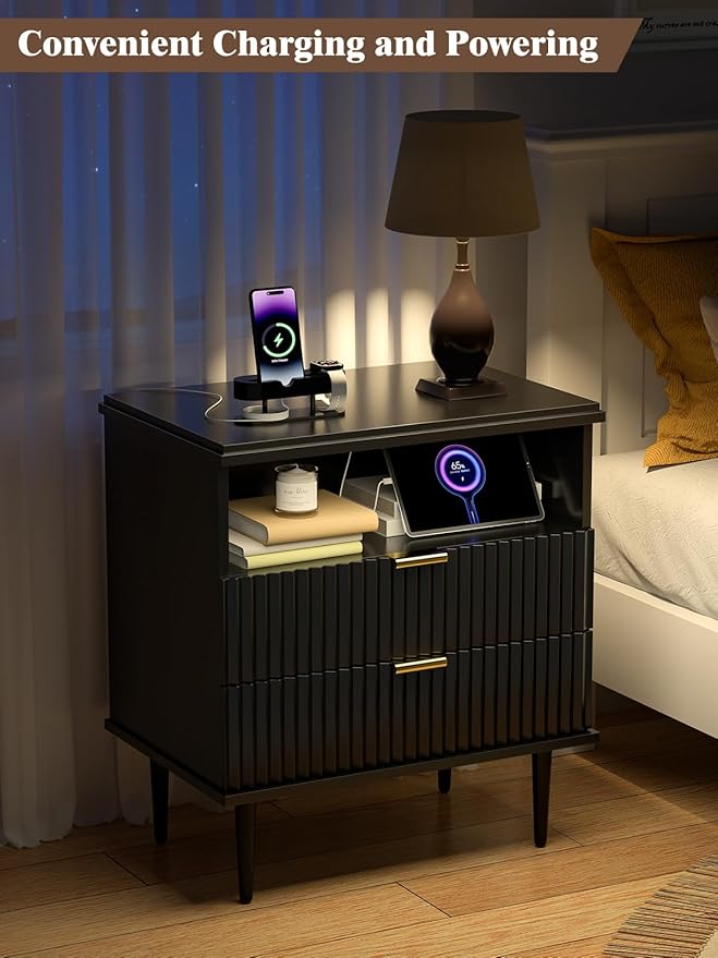 Modern Nightstand with Charging Station, 2 Drawers Fluted Wood Bedside Table with USB, Type-C & Outlets, Metal Legs, Storage Dresser for Bedroom or Living Room (Ink Black, 23.3")