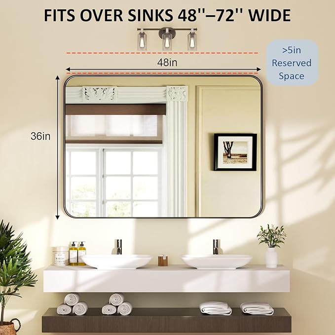 48×36 Rectangular Bathroom Mirrors for Over Sink - Aluminum Black Frame Mirror for Wall with Tempered Glass & Rounded Corners for Restroom, Entryway, Vanity, Horizontal/Vertical