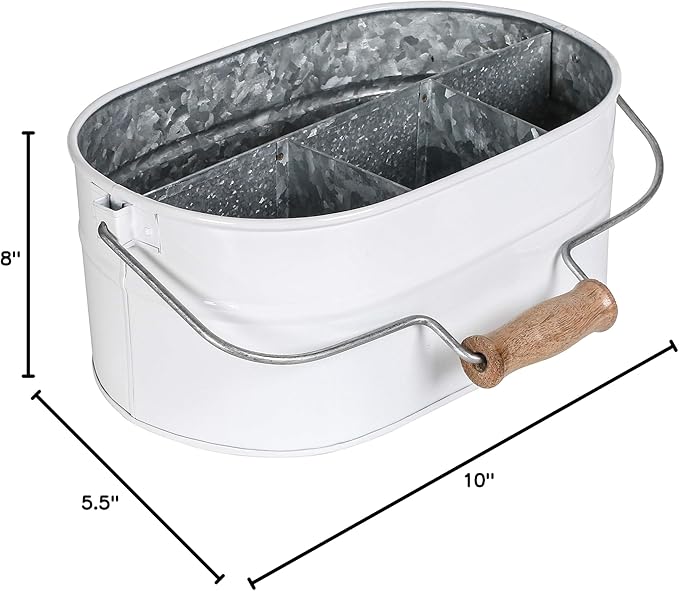 Alpha Living Home Rustic Galvanized Heavy Duty Metal Utensil Caddy – 4-Compartment Organizer with Removable Handle, White Farmhouse Chic Design for Kitchen, Picnics & Parties (White)