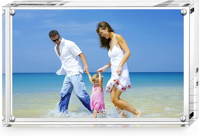 AMEITECH Acrylic Picture Frames, 4x6 inch Clear Double Sided Block Set, Desktop Frameless Magnetic Photo Frame